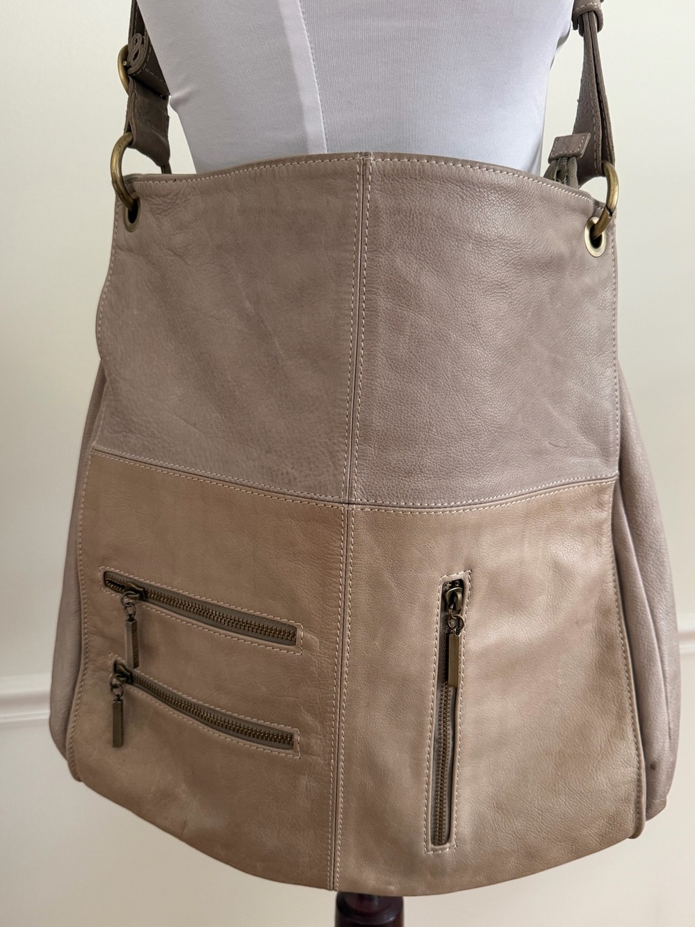 Avorio Italian Soft Leather Multi-Zip Crossbody Hobo Bag